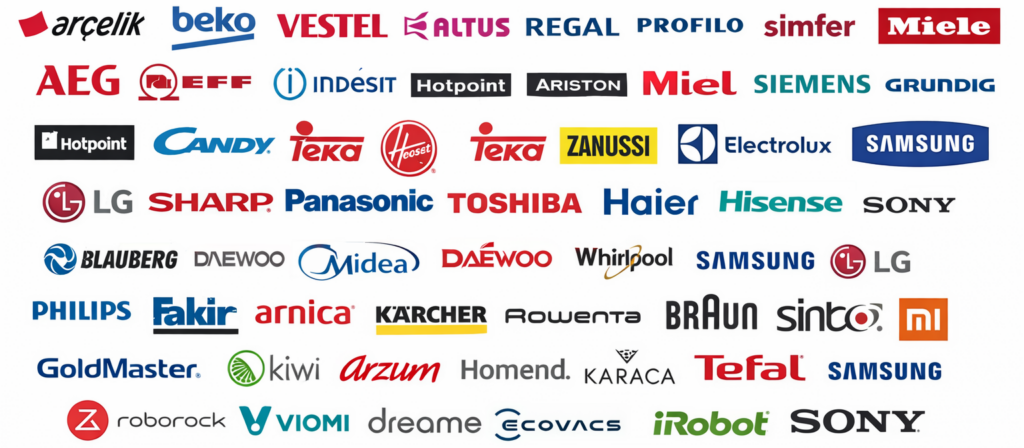 Arçelik Beko Vestel Altus Regal Profilo Simfer Uğur Sunny Dijitsu Bosch Siemens Profilo Grundig Miele AEG Neff Indesit Hotpoint Ariston Ariston Candy Hoover Teka Zanussi Electrolux Whirlpool Samsung LG Sharp Panasonic Toshiba Haier Hisense Blauberg Daewoo Midea Skytech Philips Fakir Arnica Karcher Rowenta Braun Sinbo Goldmaster Kiwi Arzum Homend Karaca Tefal Xiaomi Roborock Viomi Dreame Ecovacs iRobot Vestel Grundig Philips Samsung LG Sony Toshiba